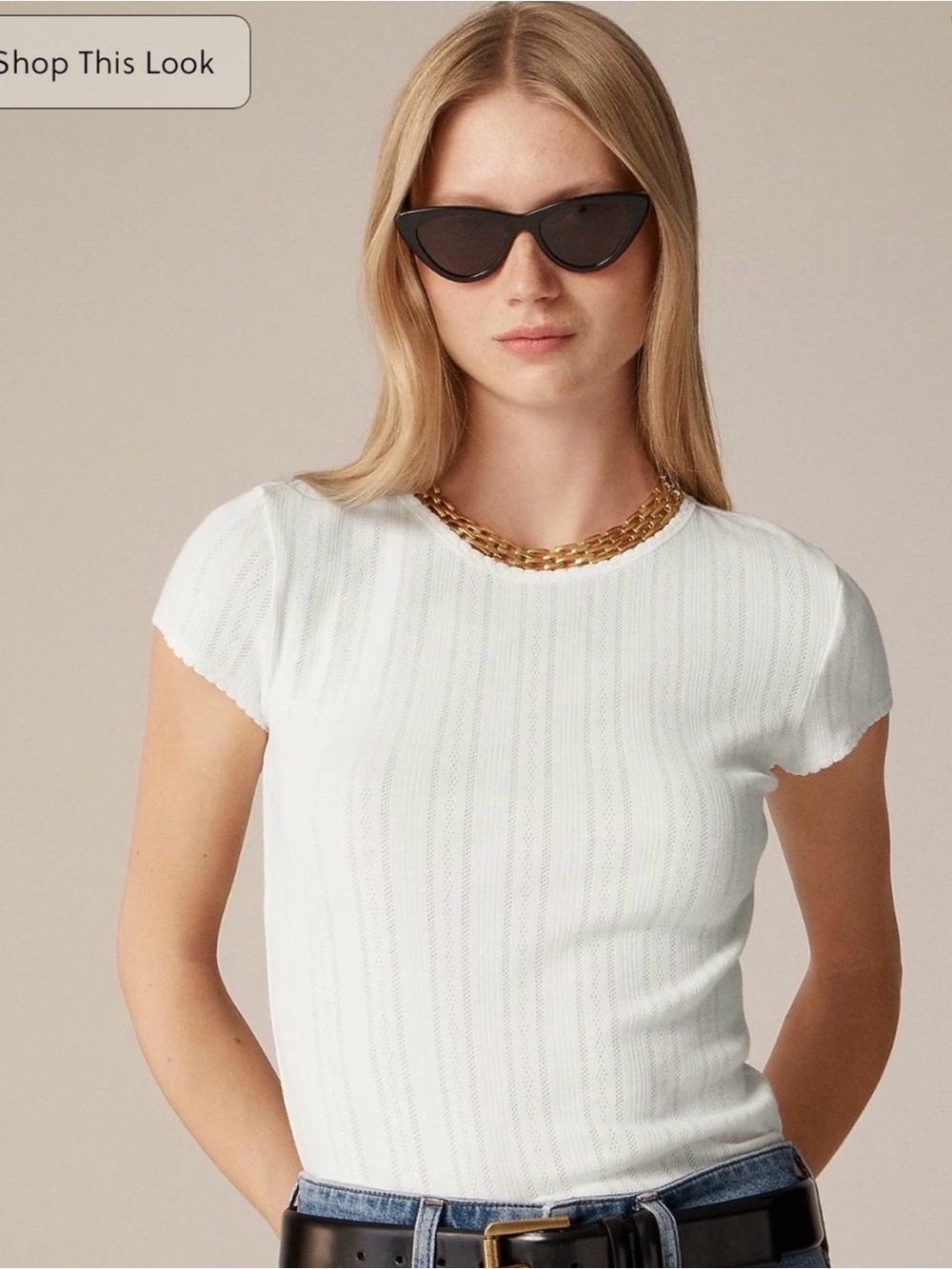 J. Crew Cream Ribbed Short Sleeve Pointelle Top